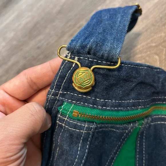 Liberty Bib Overalls Youth 16 Regular Blue Denim Adjustable Straps Green Trim - Picture 4 of 15